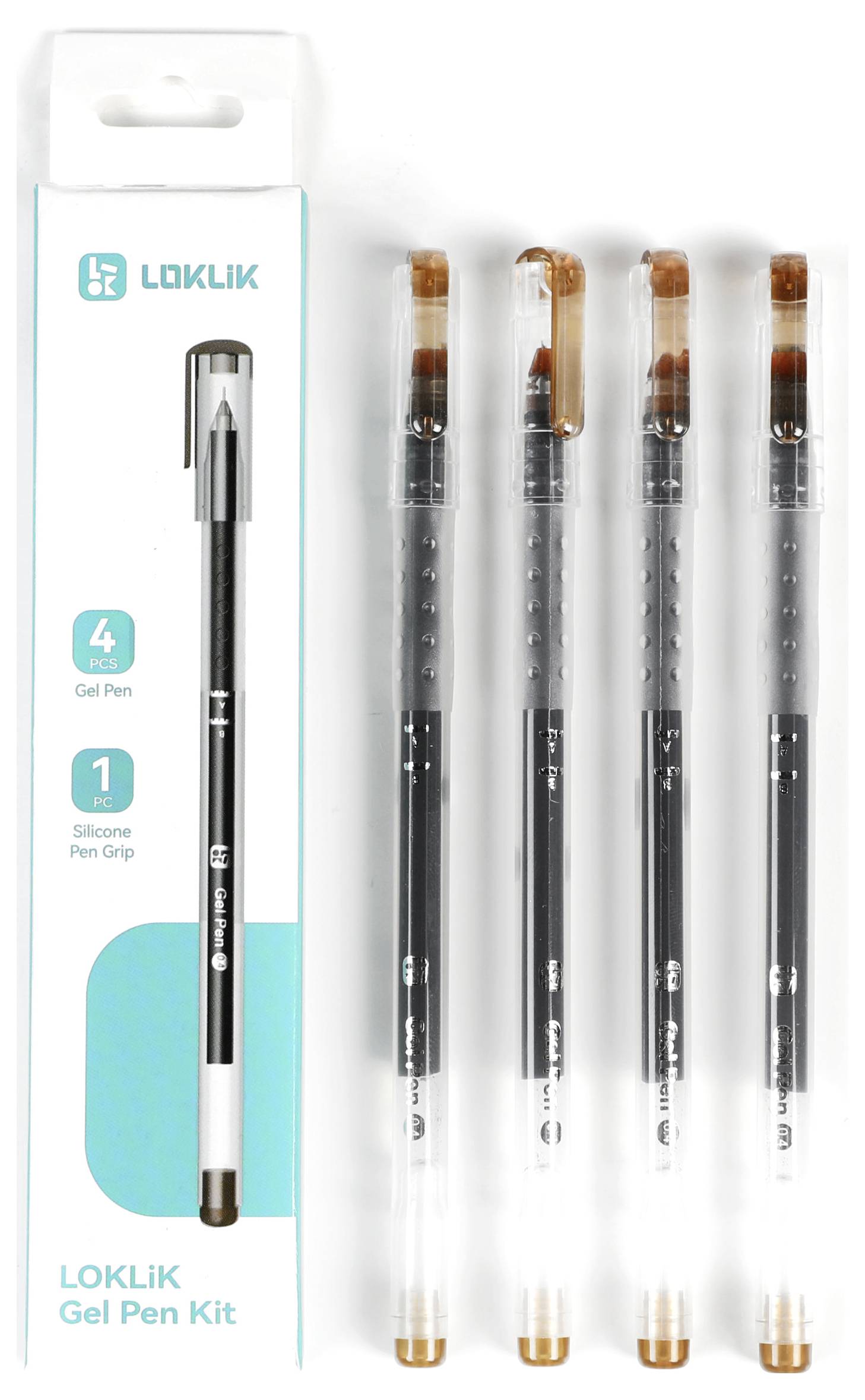 'LOKLIK Gel Pen Kit' with four black gel pens featuring brown tips and a silicone pen grip, aligned next to packaging box.