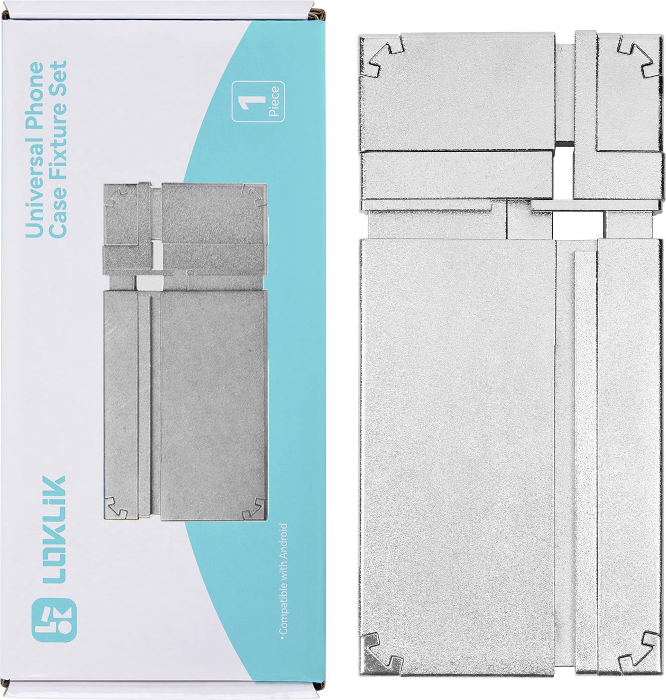 'Universal Phone Case Fixture Set' packaging shown on the left, featuring a metallic fixture piece on the right. Compatible with jigs included.