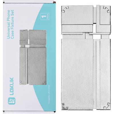 'Universal Phone Case Fixture Set' packaging shown on the left, featuring a metallic fixture piece on the right. Compatible with jigs included.