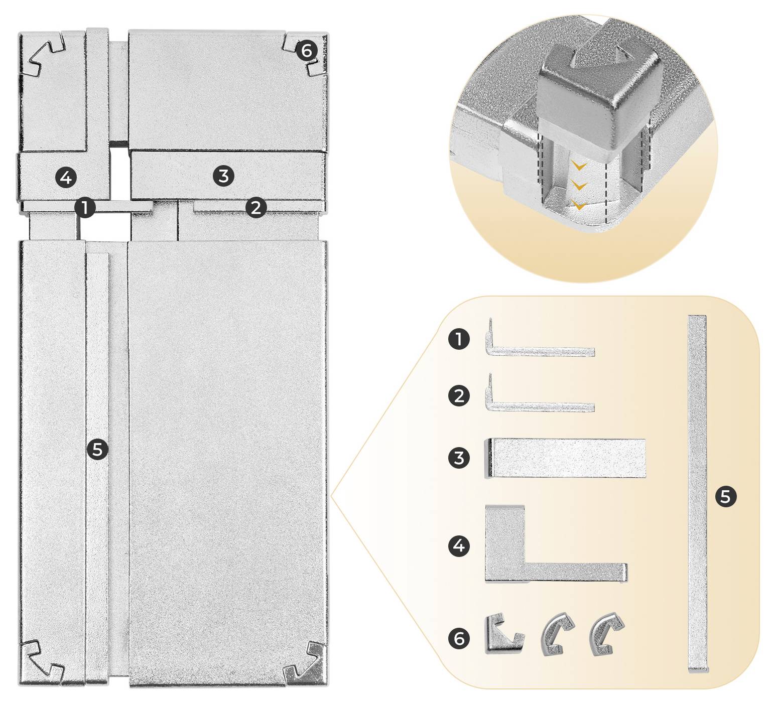 'Metal folding process' diagram with numbered steps: 1-L edge, 2-Long panel, 3-Small tab, 4-Short panel, 5-Long tab, 6-Corner locks.