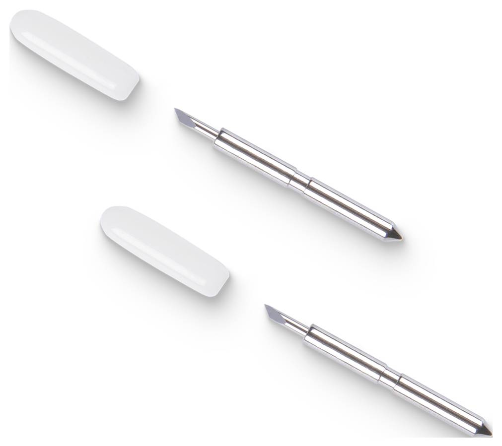 'White pen-like tools with metal tips and removable caps, displayed in pairs on a white background.'