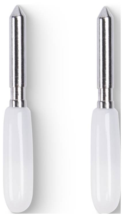 Two white and silver peeler blades with pointed tips and curved handles, arranged side by side vertically.