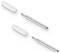 Two white pen caps and a dual-ended silver pen tip shown on a white surface, demonstrating the pen's retractable mechanism.