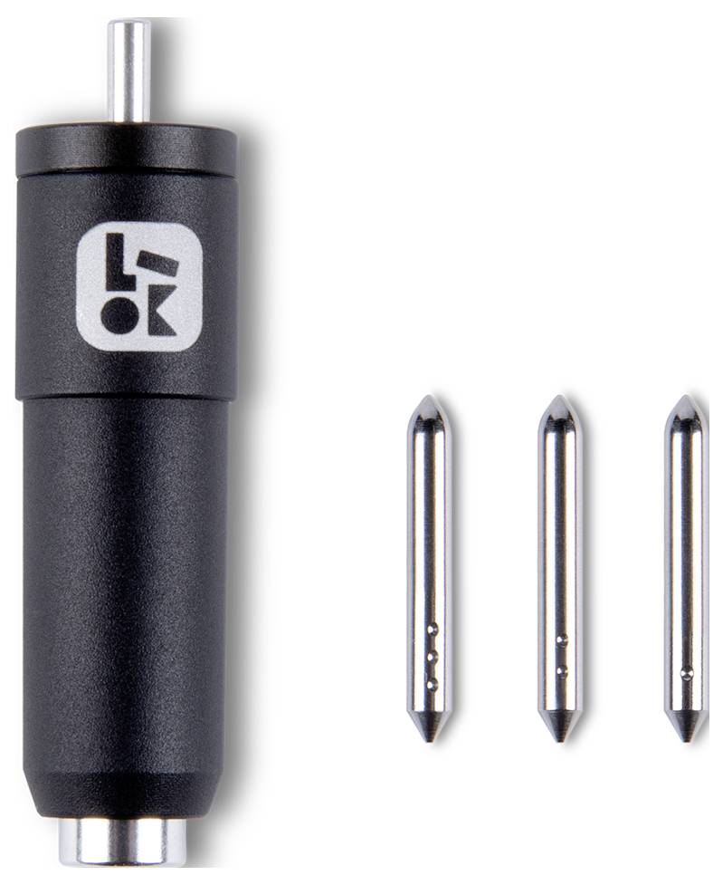 A black engraving tool with the logo 'LZok' on it, alongside three silver engraving tips.