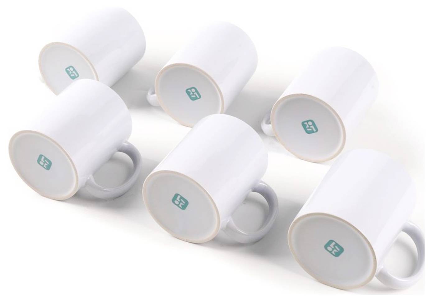 Six white ceramic mugs are displayed upside down on a surface, each showing a blue logo on the base.