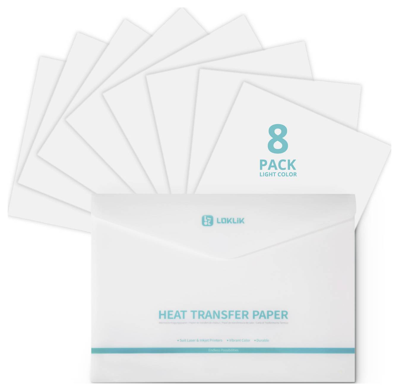 8-pack light color heat transfer paper sheets with one branded envelope package labeled 'HEAT TRANSFER PAPER'.