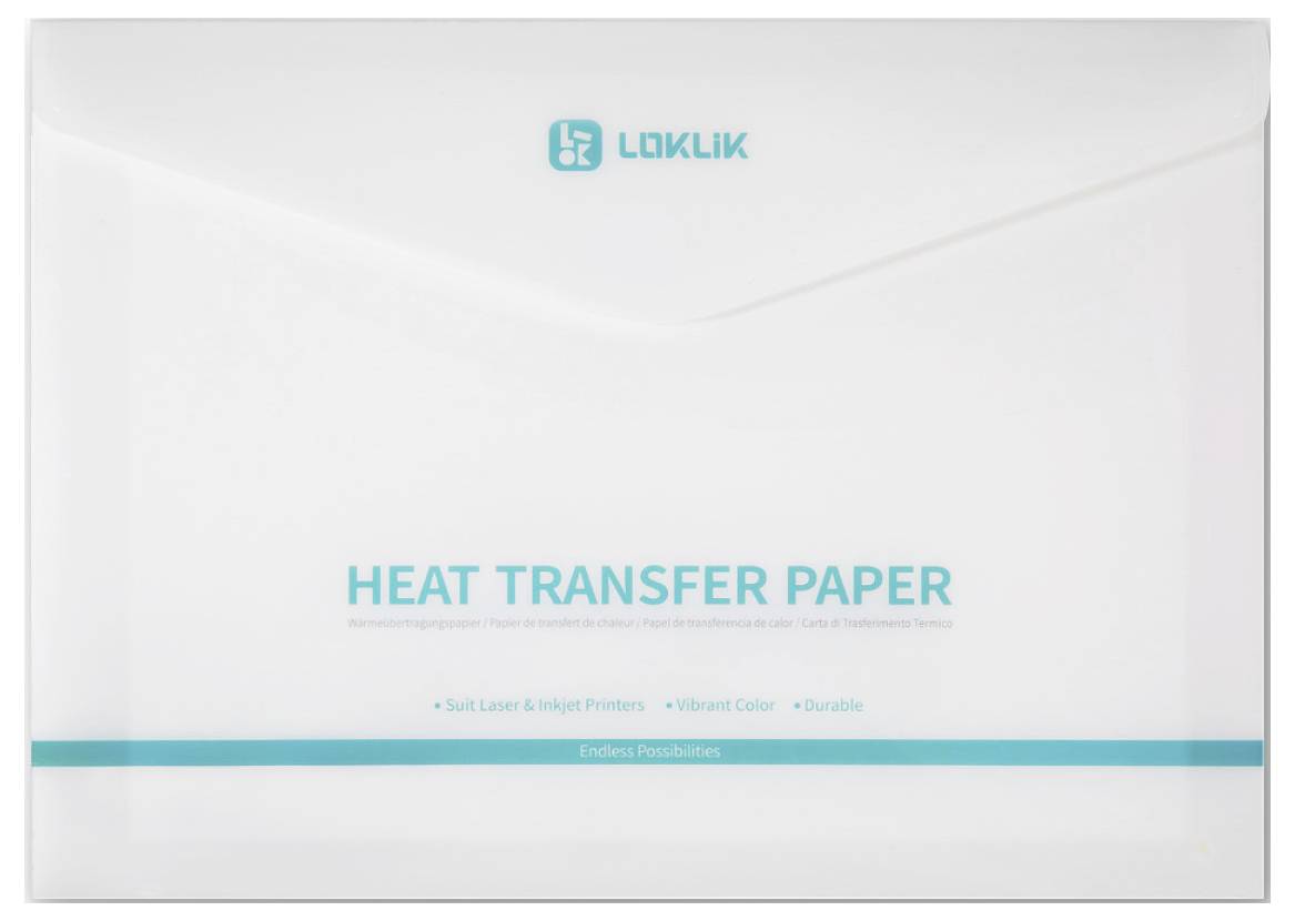White Laklik package labeled 'HEAT TRANSFER PAPER' with blue accents, for laser and inkjet printers; durable, vibrant color paper.
