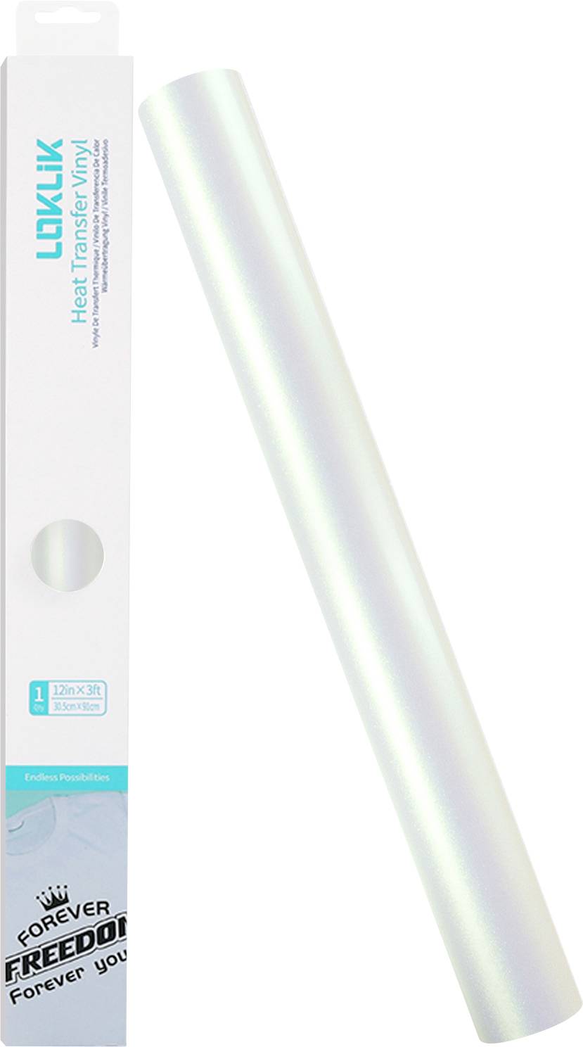 A roll of white heat transfer vinyl with packaging labeled 'LOKLIK Heat Transfer Vinyl.' Text on the box: 'FOREVER FREEDOM' and 'Forever you.'