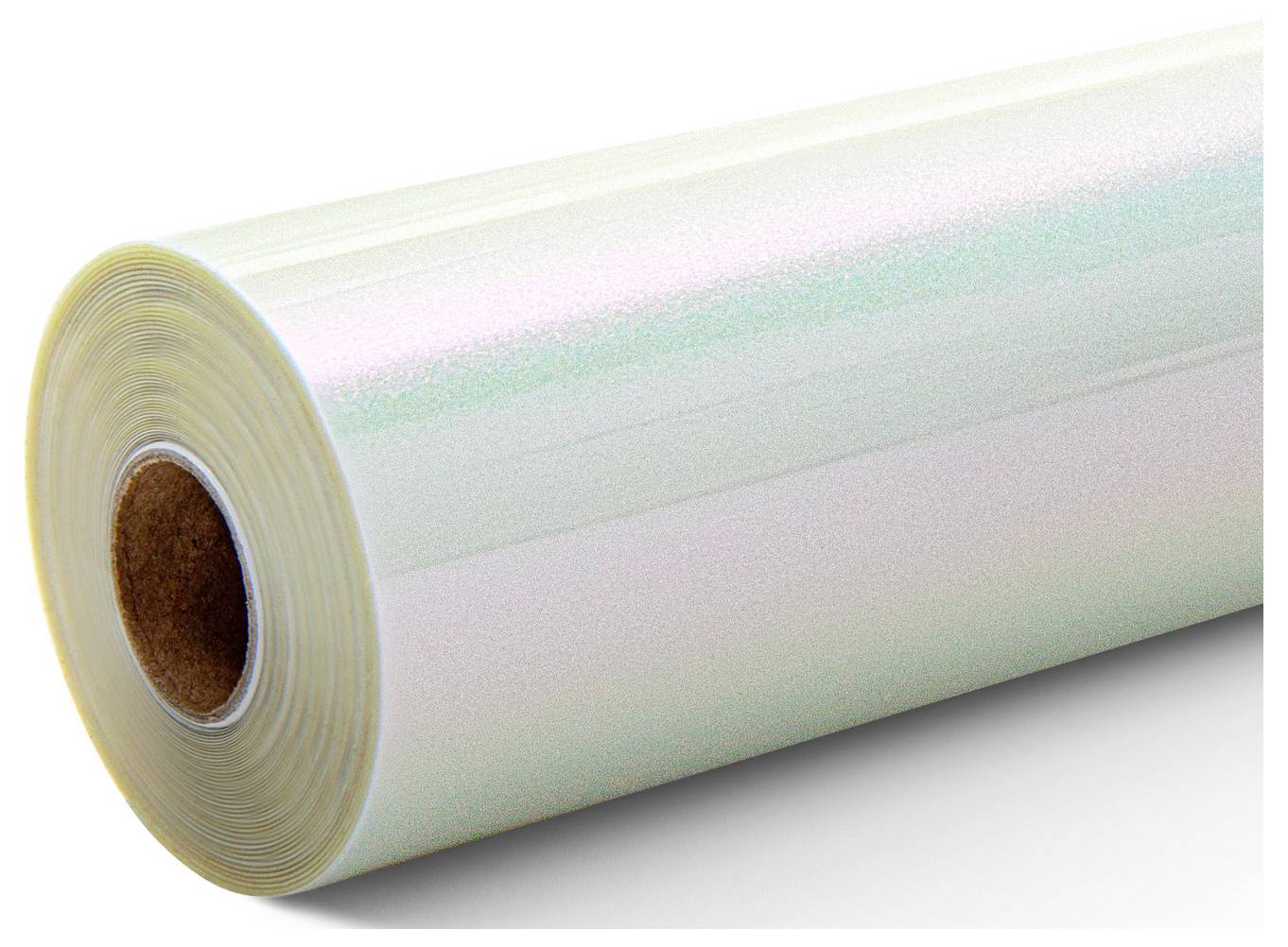 A roll of iridescent vinyl film, showing a glossy, reflective surface with a hint of rainbow colors, used for decorative purposes.