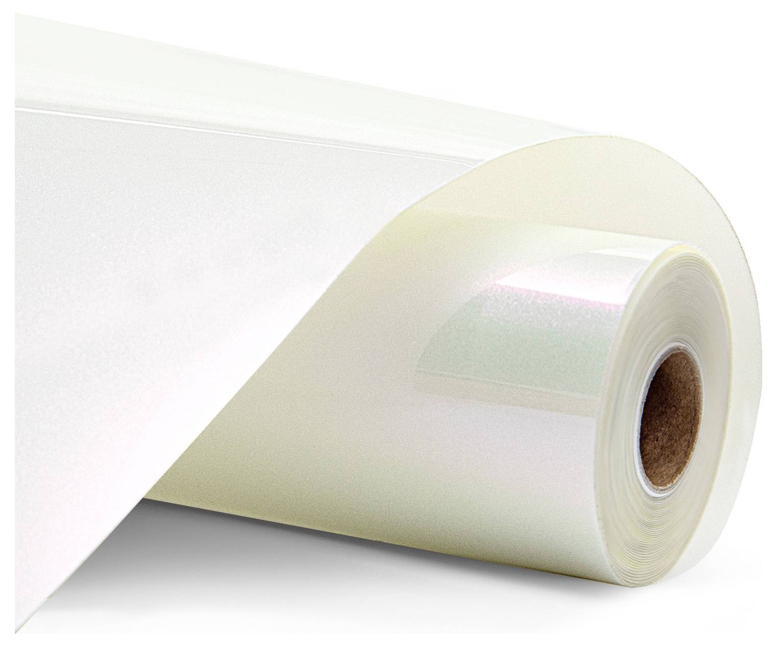 A roll of glossy, white paper showing a reflective surface, partially unrolled, against a plain background.
