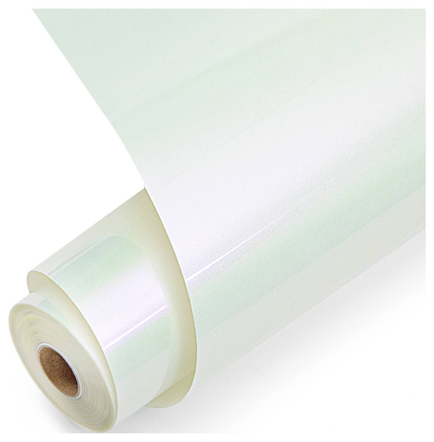 A roll of glossy, translucent white paper is partially unrolled on a plain background, showing its smooth and reflective texture.