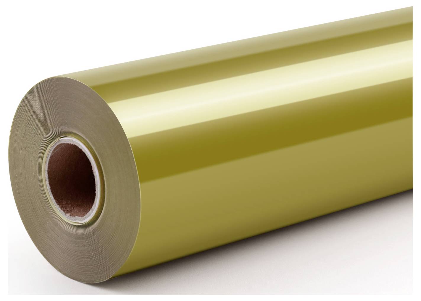 Roll of glossy gold vinyl film, slightly reflective, on a white surface, used for wrapping or decorative purposes.