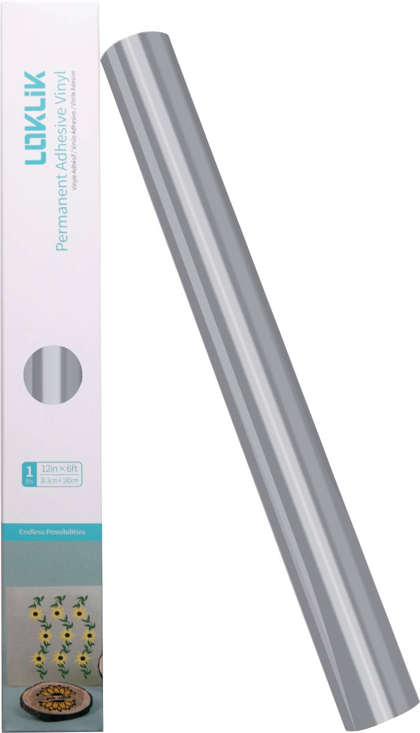 'Permanent Adhesive Vinyl' roll in silver color, next to its packaging box. Suitable for crafts and decorations.