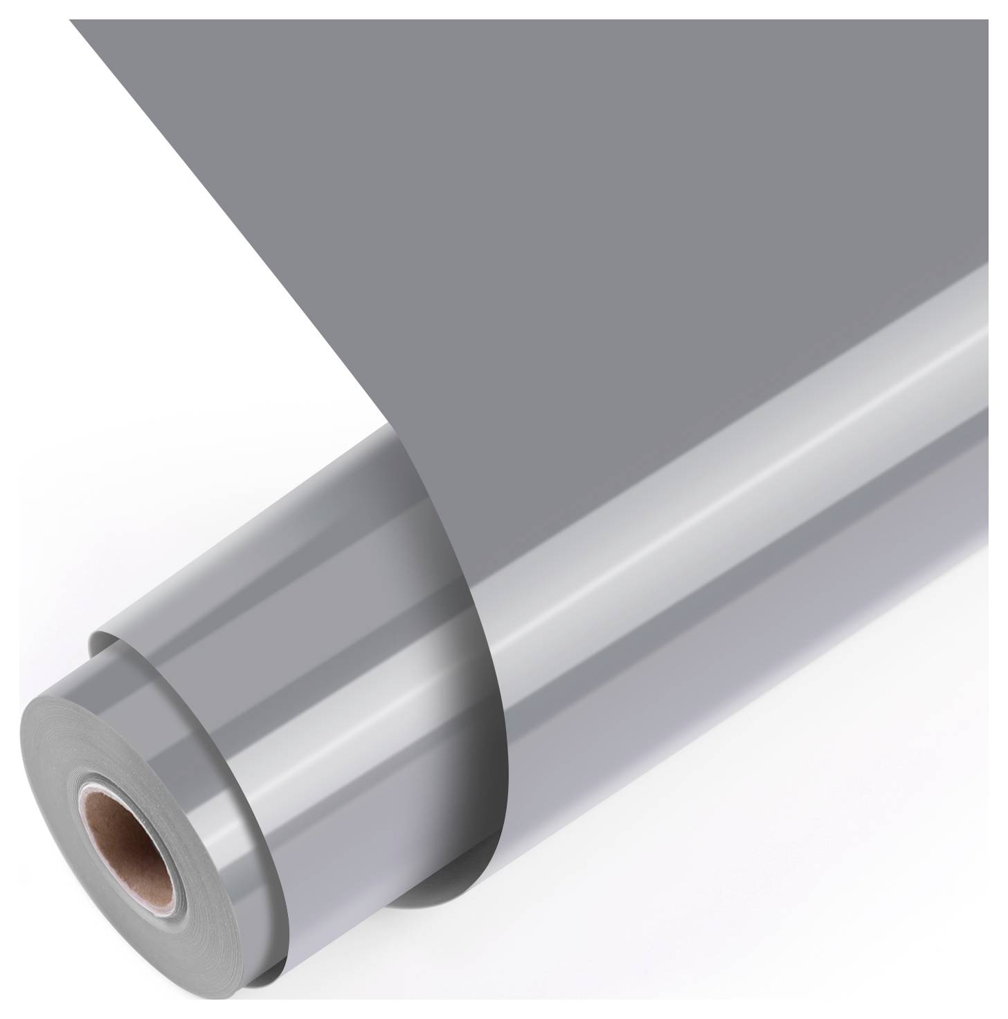 A roll of glossy, silver-gray vinyl film partially unrolled, showing a reflective surface.