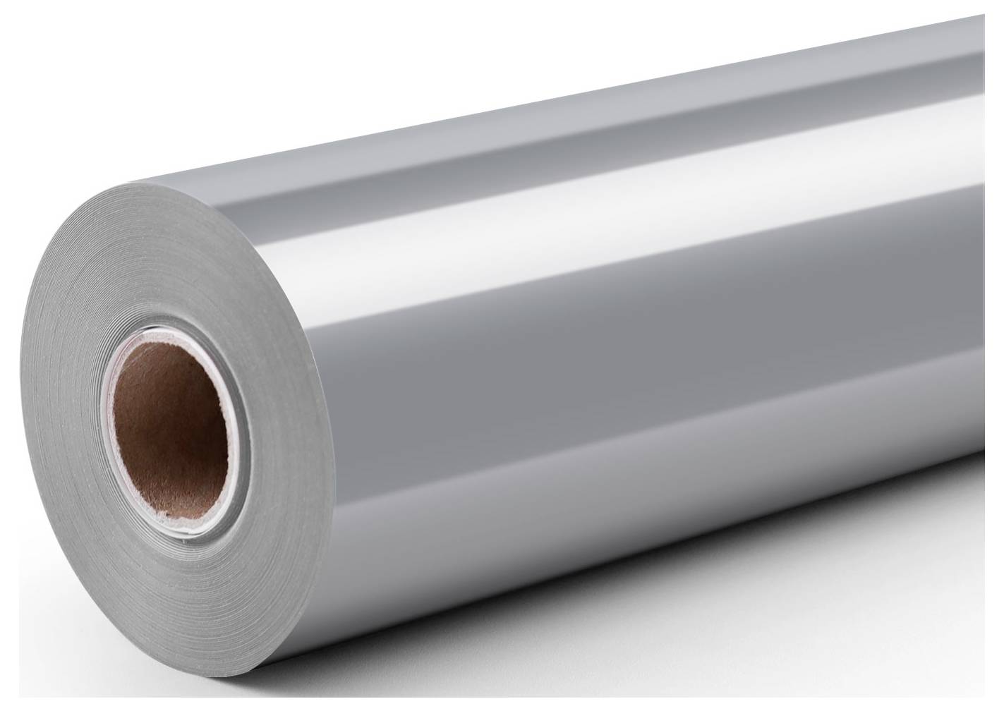 A large roll of shiny, reflective silver material with a brown cardboard core, placed on a plain white surface.