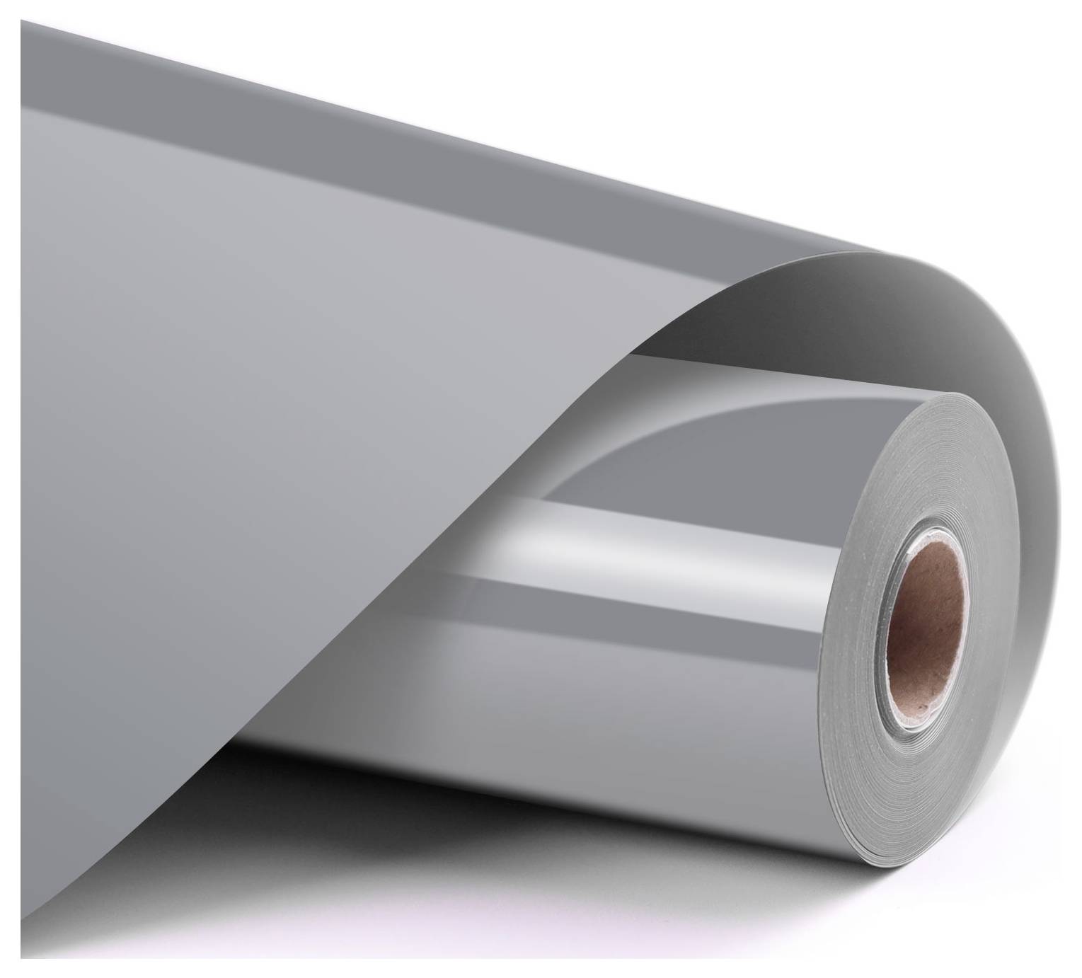 A large roll of reflective vinyl film, partially unrolled, showcasing a smooth gray surface used for printing or wrapping applications.