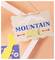 A wooden sign with 'MOUNTAIN Girl' in blue and yellow text, featuring mountain outlines and decorative arrows, hanging on an orange background.