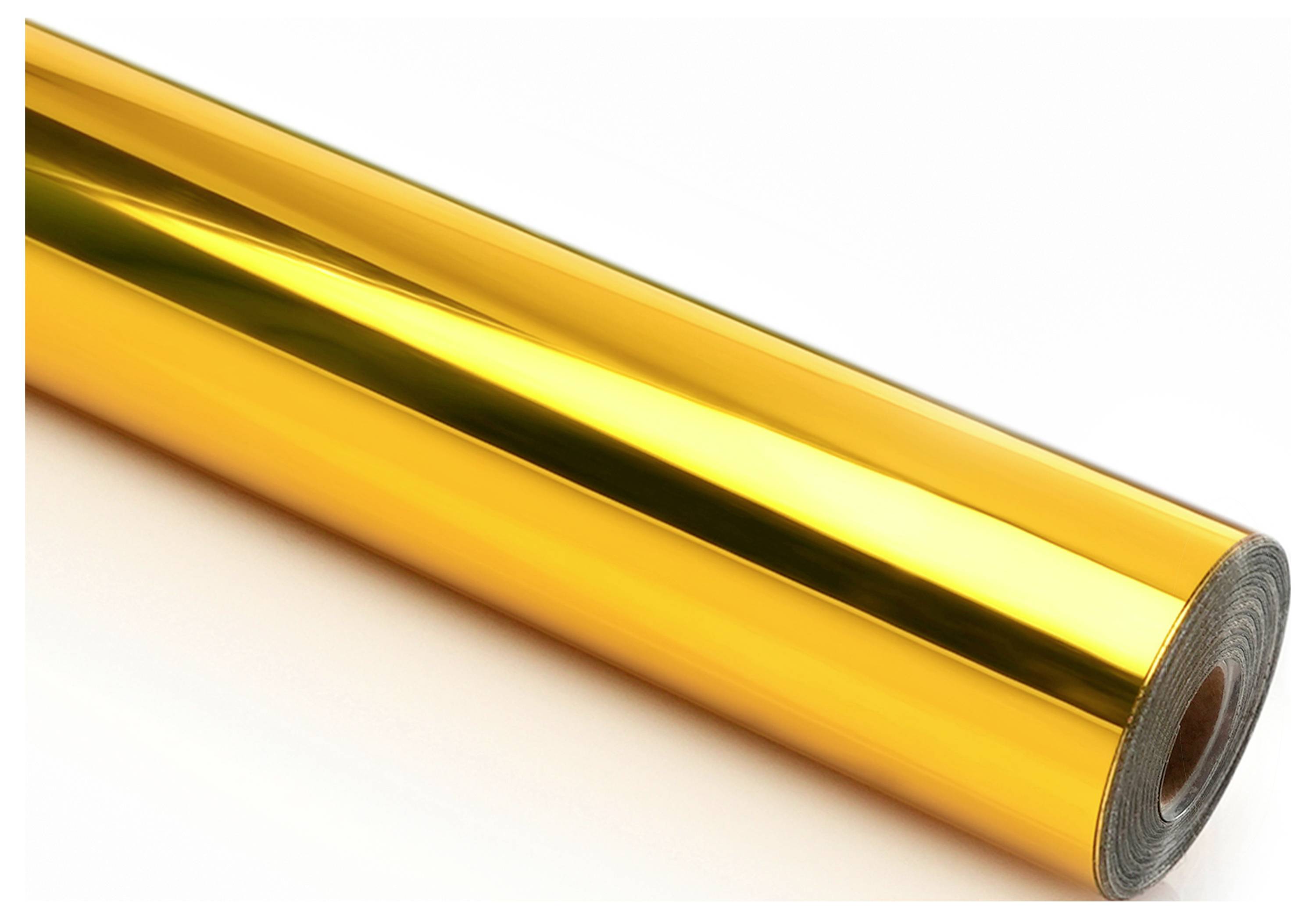 A roll of shiny, reflective golden vinyl material, displayed diagonally across the image, highlighting its glossy, smooth finish.