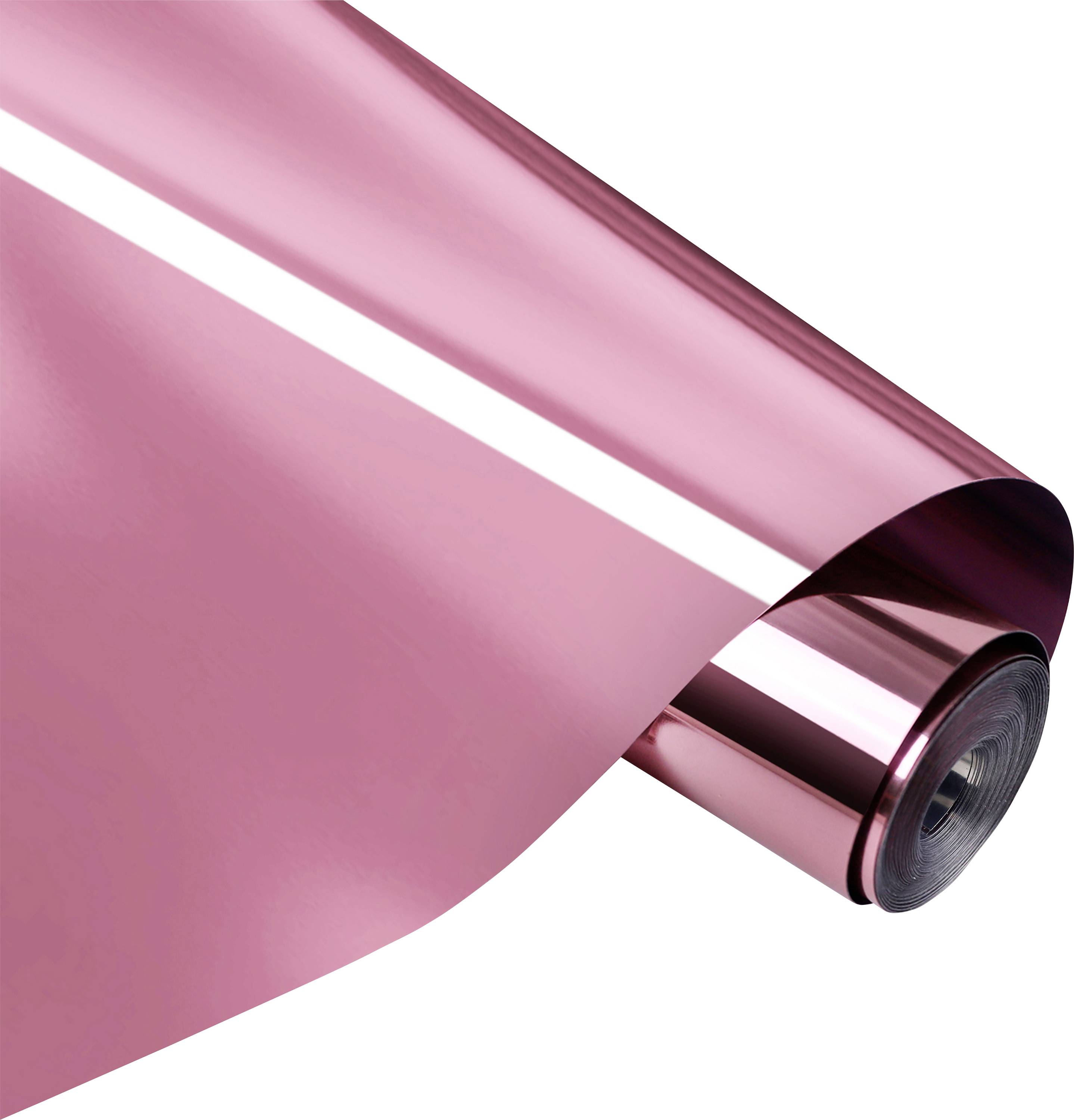 A roll of shiny pink metallic foil reflects light, with the foil partially unrolled.