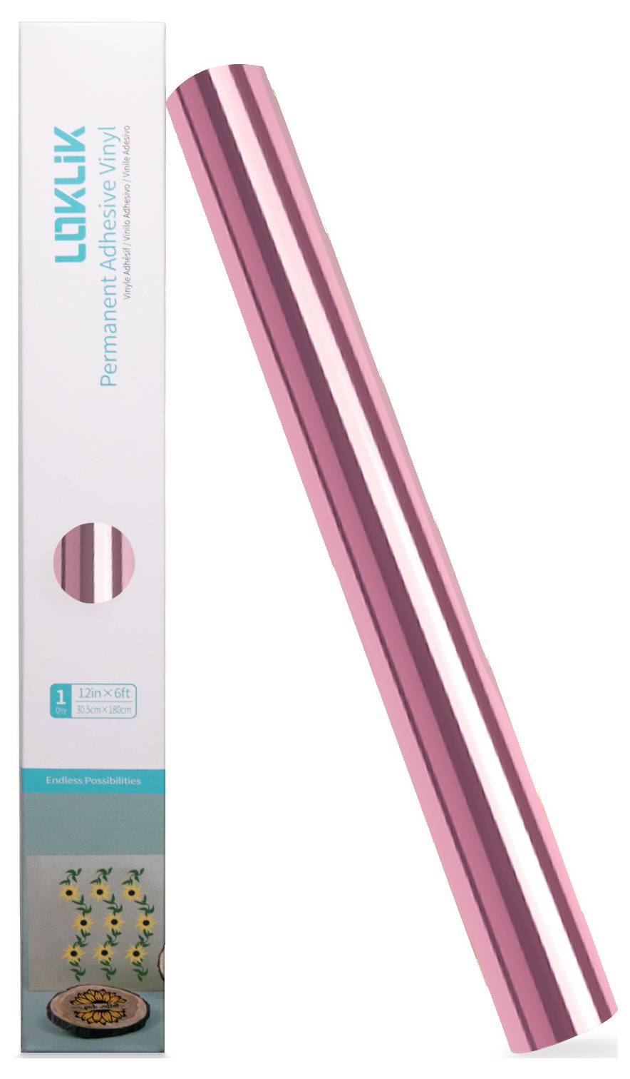 'LOKLIK Permanent Adhesive Vinyl' in rose pink, displayed with packaging. Suitable for crafting and decoration projects.