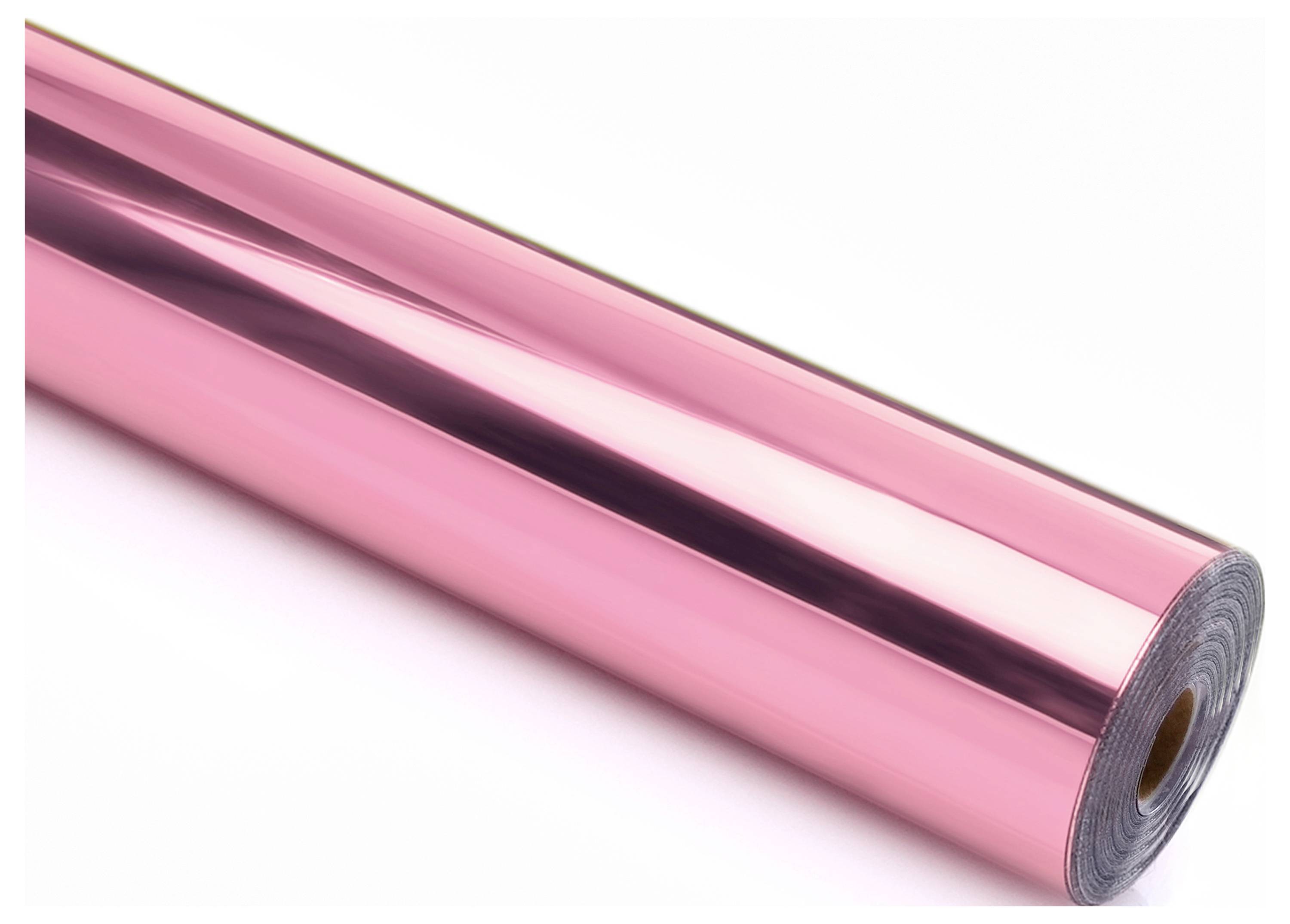 A roll of shiny pink metallic vinyl with a reflective surface, used for decorative or crafting purposes.