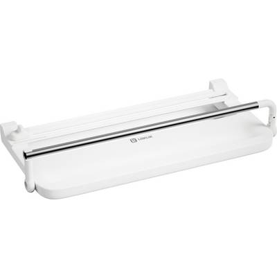 A white paper cutter with a thin metal blade and a plastic base, used for cutting sheets of paper precisely.