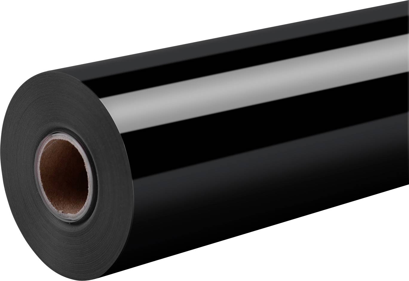 A black roll of glossy film or vinyl, with a cardboard core visible, against a plain white background.