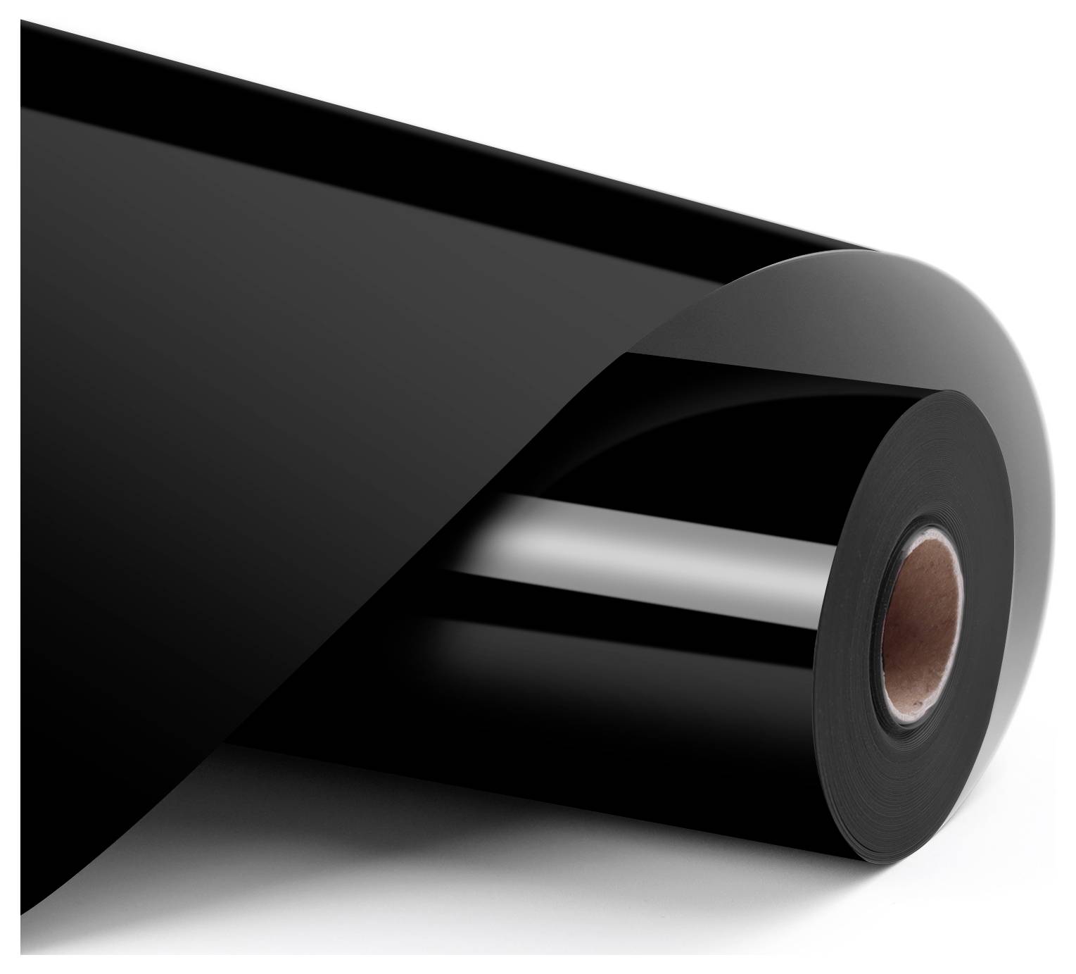 A large roll of glossy, black vinyl wrap, partially unrolled, displaying its sleek surface and reflective quality.