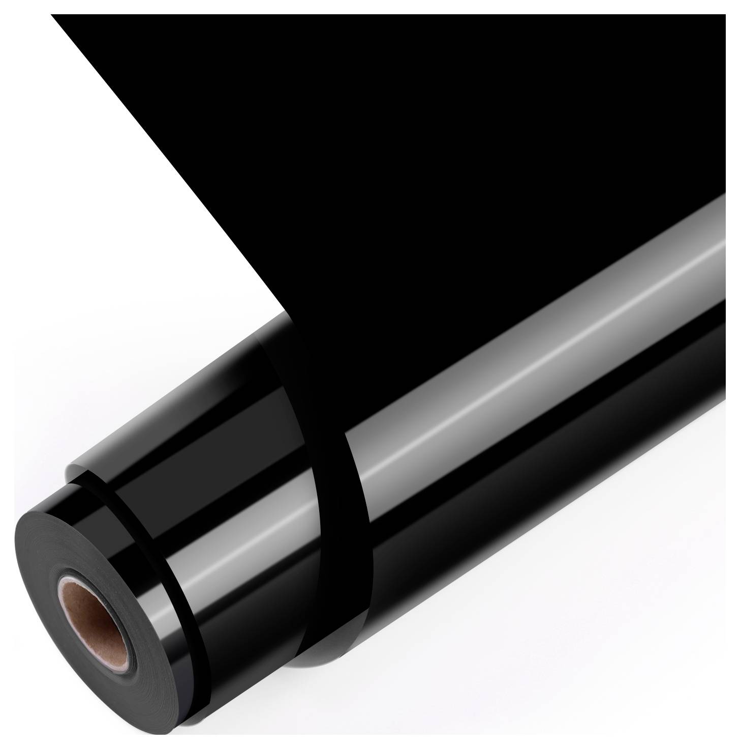 A roll of black vinyl wrap, glossy finish, partially unrolled, showing its reflective surface and cylindrical core.