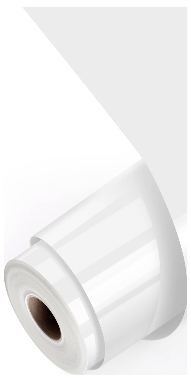 A white adhesive tape roll partially unspooled, with a bright, reflective surface on a plain background.