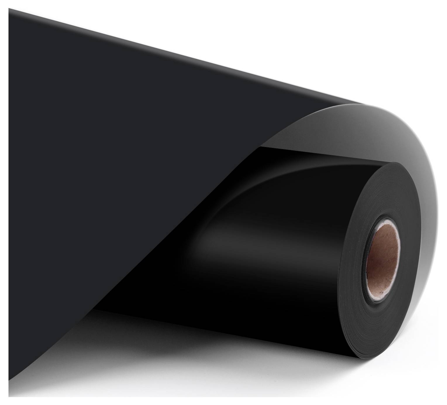 A roll of black vinyl film with a smooth, glossy surface, partially unrolled to reveal its thickness and texture.