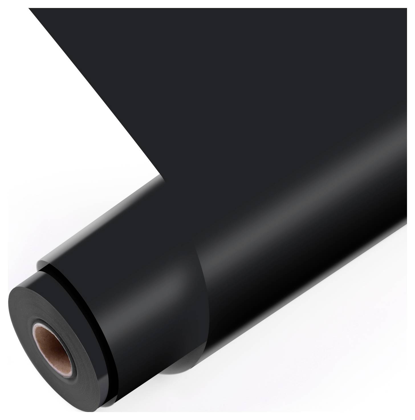 A roll of black vinyl material is unrolled slightly, showing a smooth surface. The roll core is visible at the center.