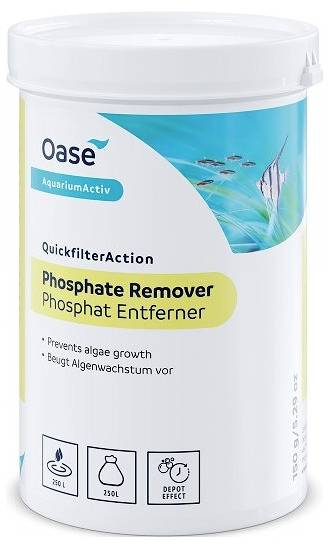 Aquarium filter product 'Oase Phosphate Remover' reduces algae growth, treats 250L water. Features icons for capacity and usage.