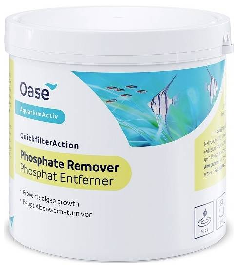 Container of 'Oase AquariumActiv Phosphate Remover,' designed to prevent algae growth in aquariums, featuring QuickfilterAction.