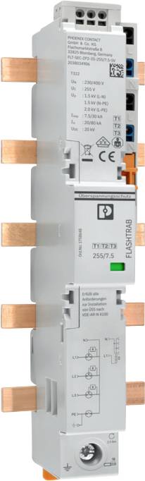 A surge protection device designed for electrical panels, with copper busbar connections and labeled specifications for voltage and current ratings.