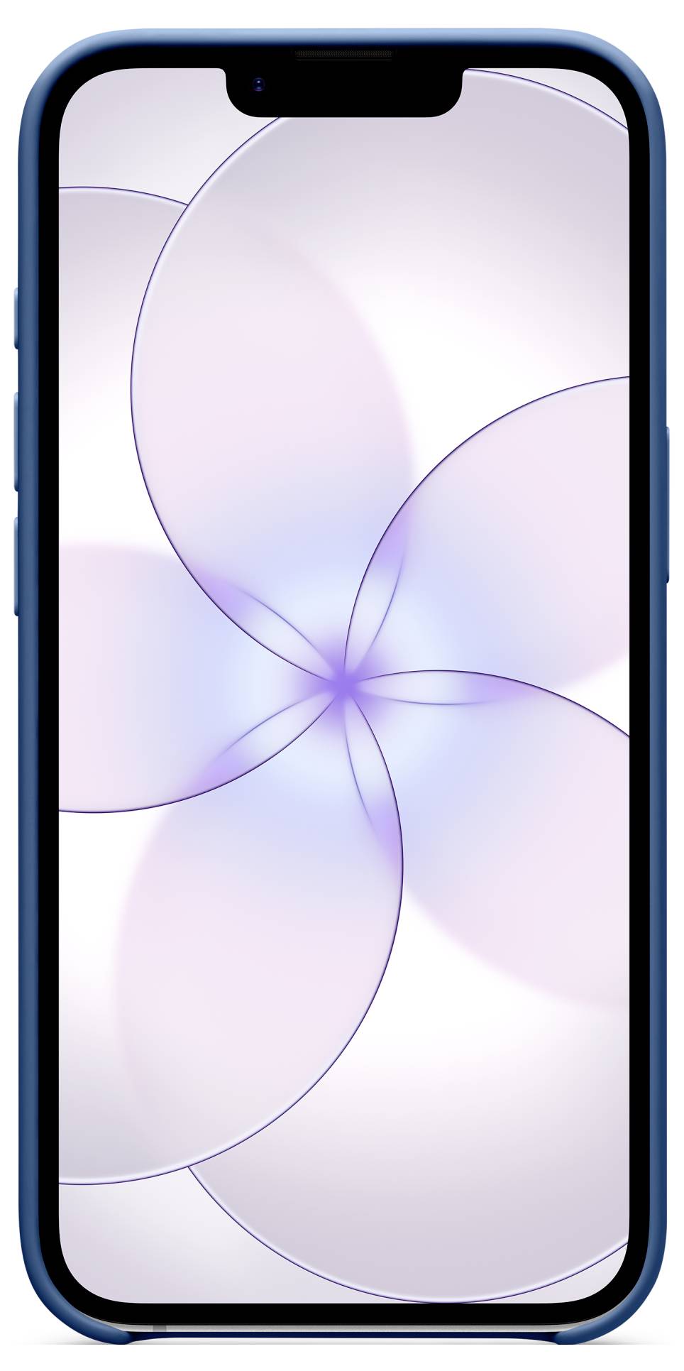 A smartphone with a blue case displays a light abstract design with overlapping circles on the screen.
