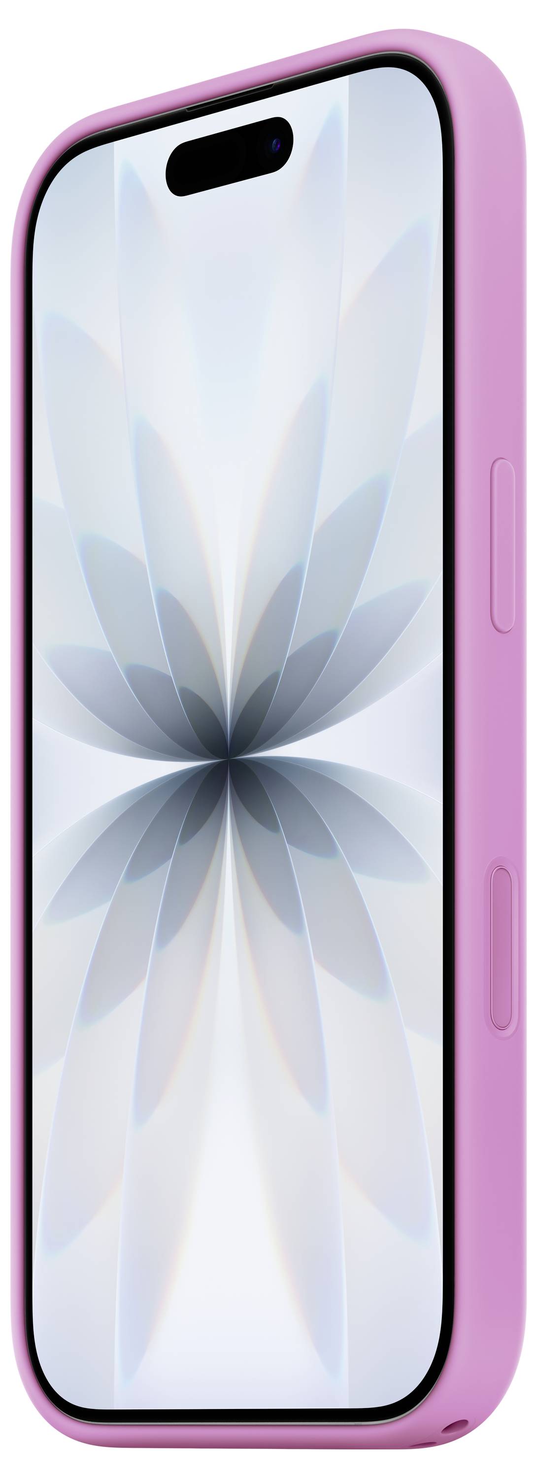 A smartphone with a pink case displaying a geometric, symmetrical pattern on the screen.