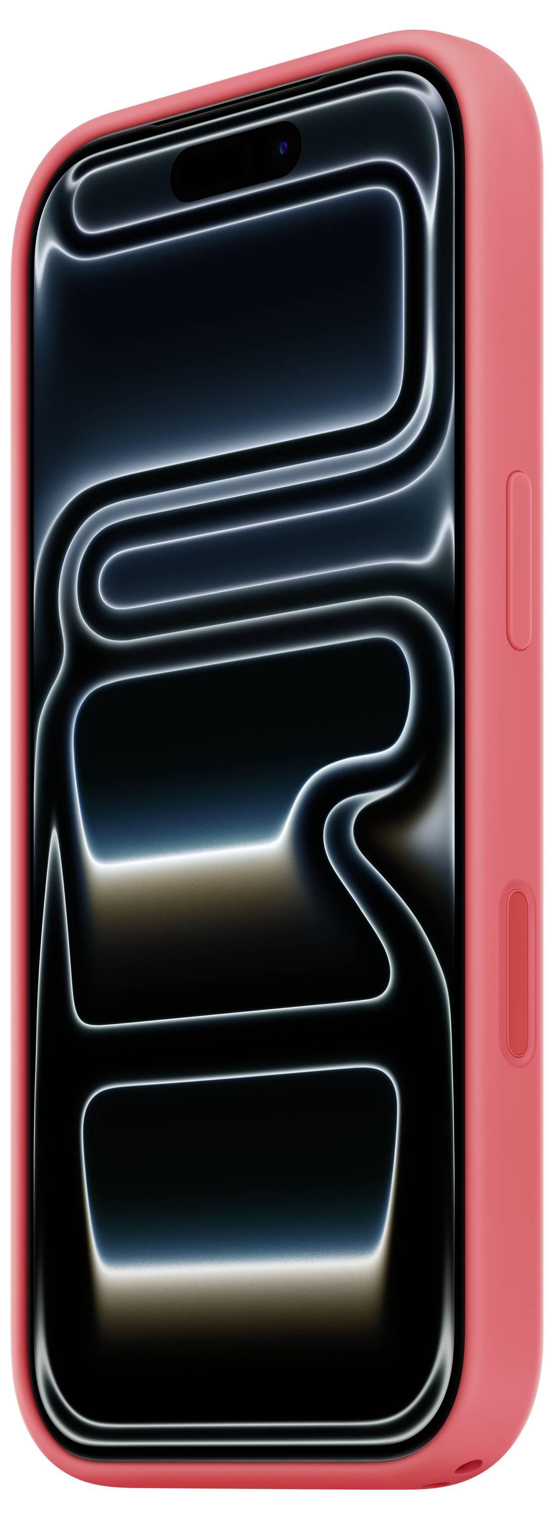 A smartphone with a luminescent abstract wallpaper, encased in a bright orange protective case.
