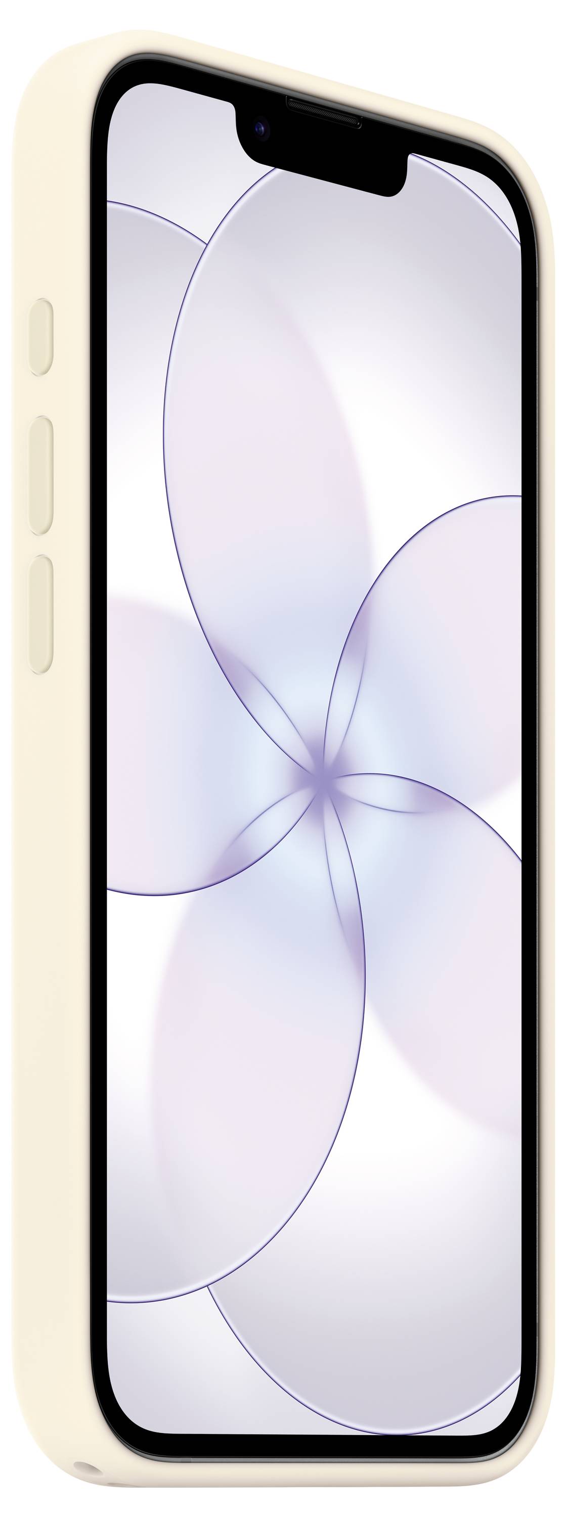 A smartphone with a beige case displays a floral abstract design on its screen.
