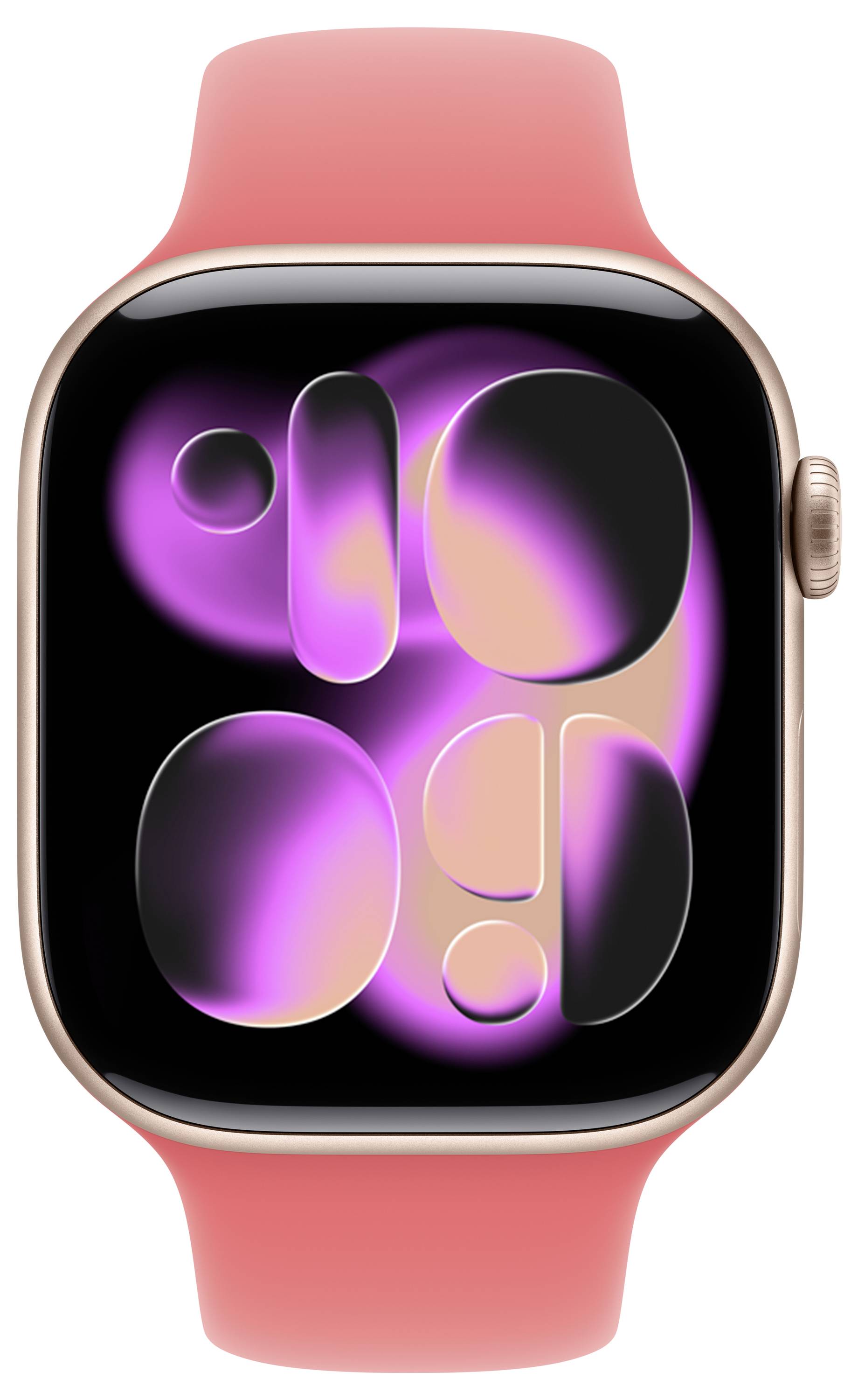 Smartwatch with a pink band displaying abstract shapes and colors on the screen.