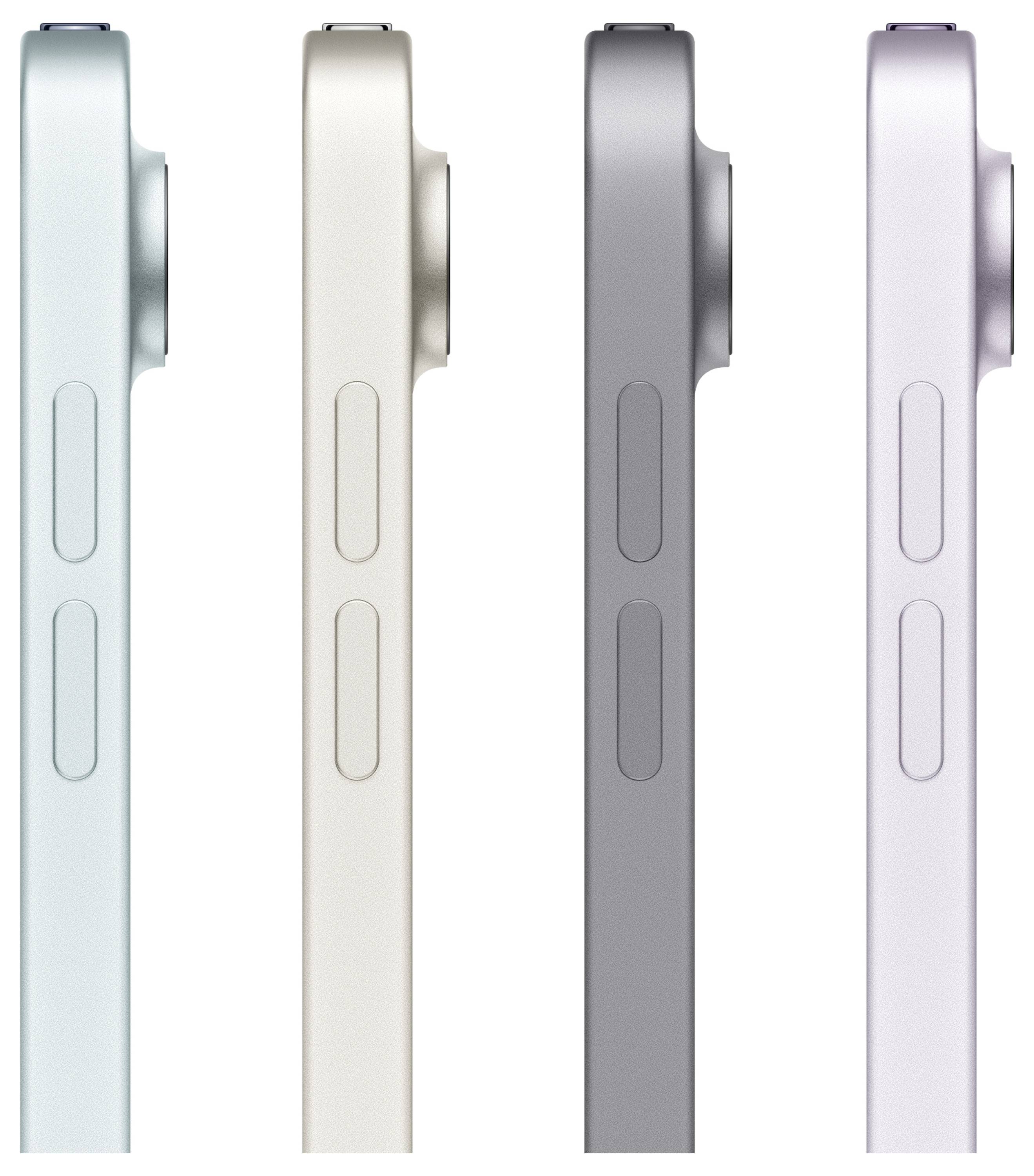 Four smartphones shown from the side in different colors: light blue, beige, gray, and lavender. Each has a camera bump and side buttons.