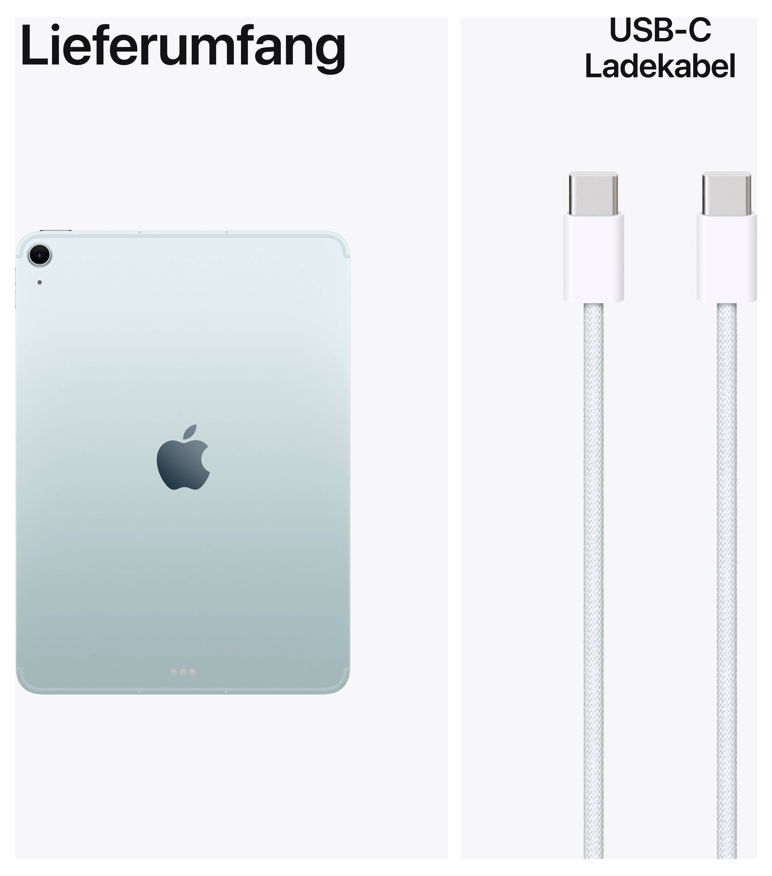 Image shows a tablet in light blue-green and a USB-C charging cable. Text: 'Contents of the box', 'USB-C charging cable'.