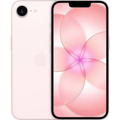 A pink smartphone with a large display showing a circular abstract pink pattern. The Apple logo is visible on the back.