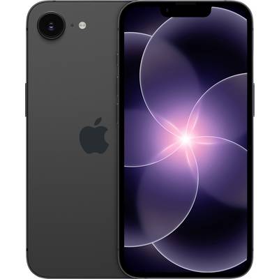 A black smartphone with a glowing circular abstract pattern on the screen, displaying the Apple logo on the back.