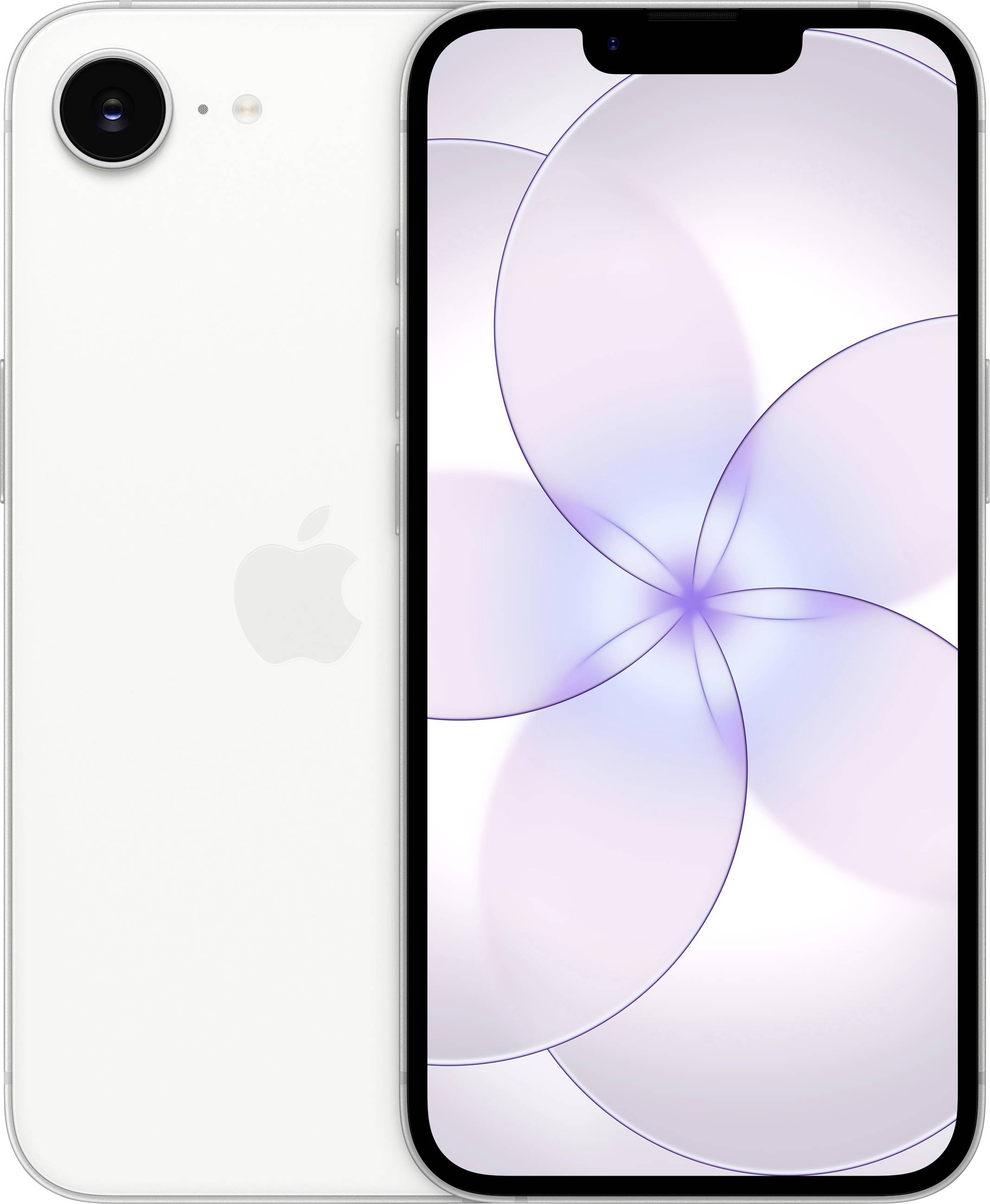 A smartphone with a white back and the Apple logo next to its front-facing screen displaying a light purple abstract design.
