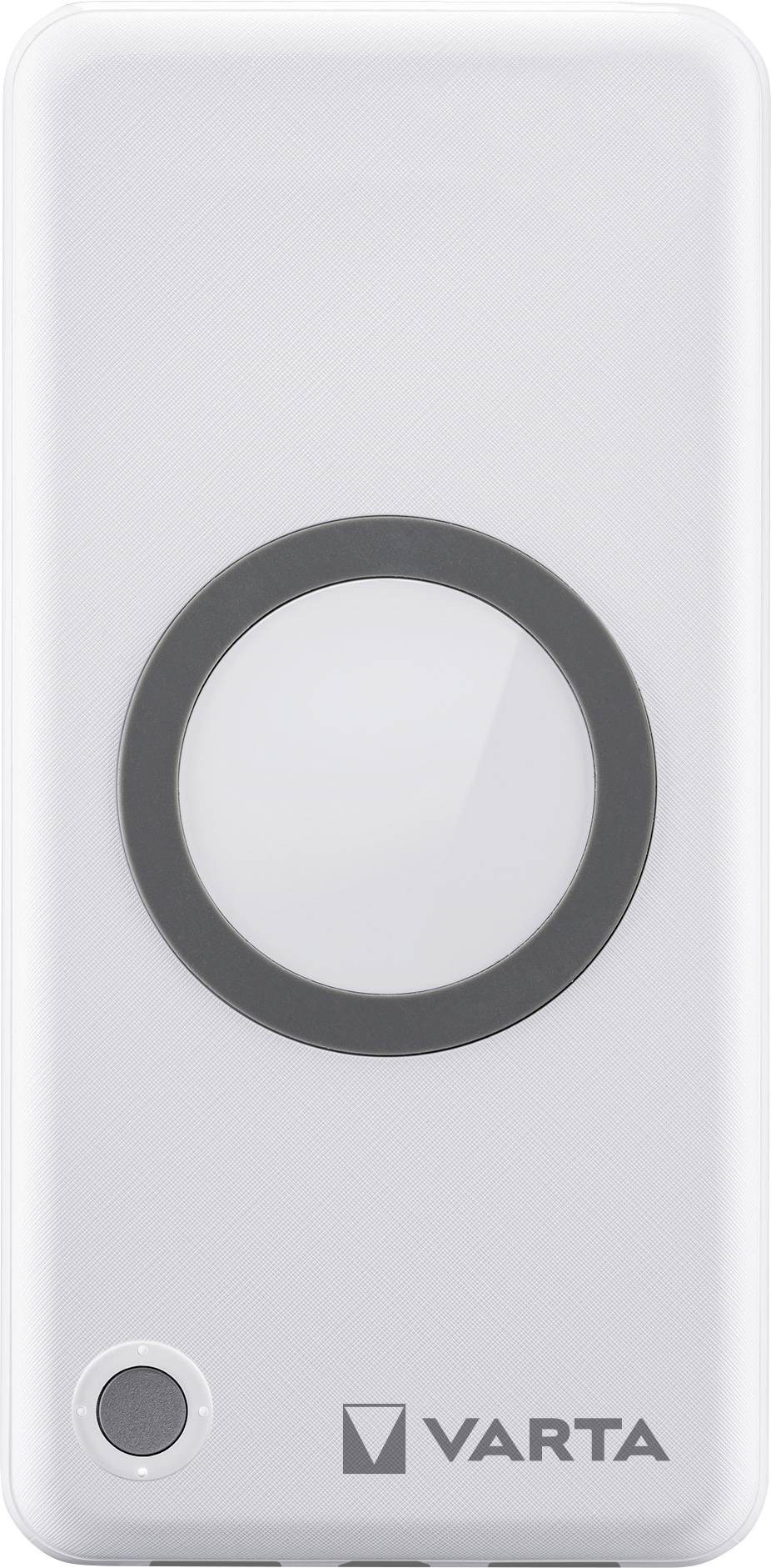 White rectangular electronic device with a circular button and a small circular light. VARTA logo at the bottom.