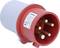 A red industrial power plug with five circular metal pins, used for high-voltage connections. The plug is angled to show the pin configuration.