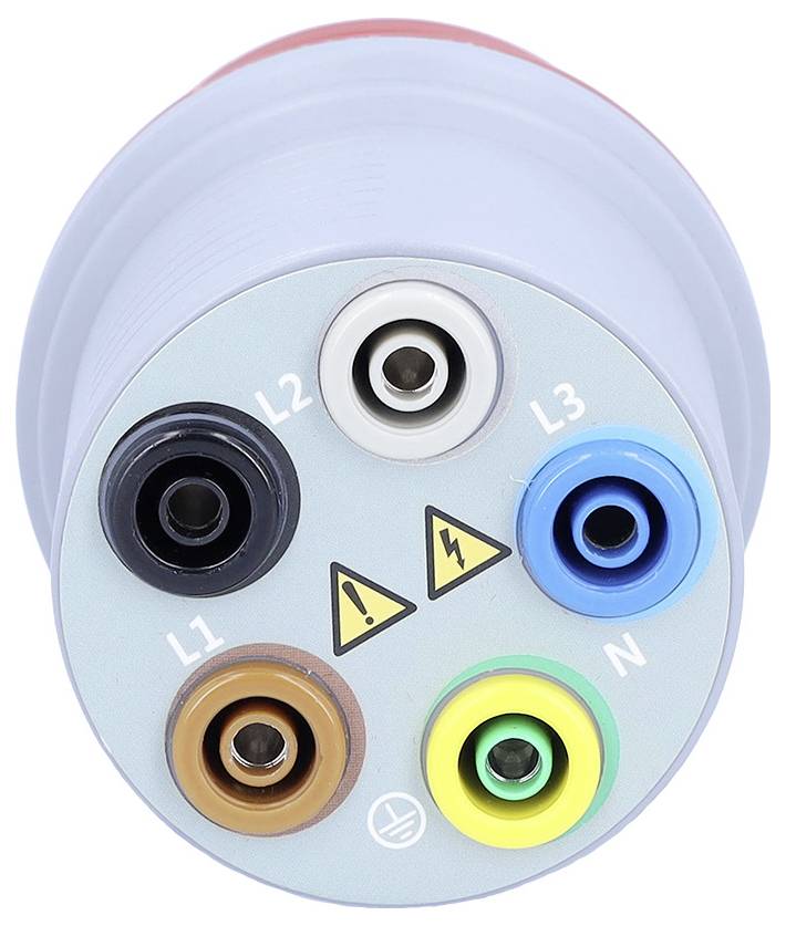 A round electrical connector with five colored ports labeled L1, L2, L3, N, and PE. Two warning symbols are displayed in the center.