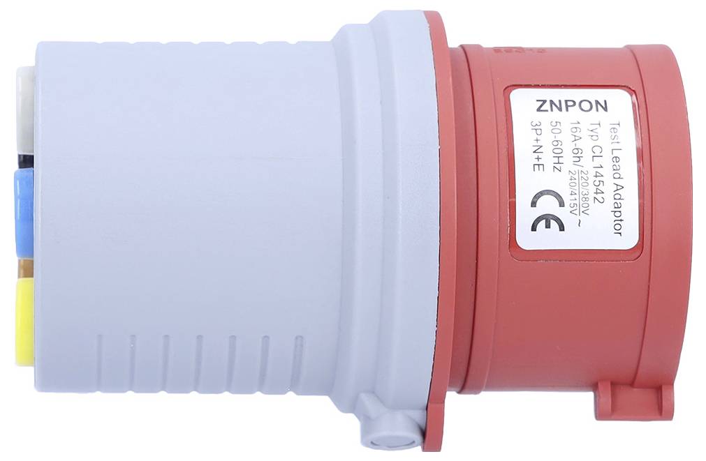 A red and gray electrical test lead adaptor with a ZNPON label, showing specifications and certifications on the side.