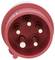 A red industrial power plug with five round metal pins, used for heavy-duty electrical connections, shown facing forward.